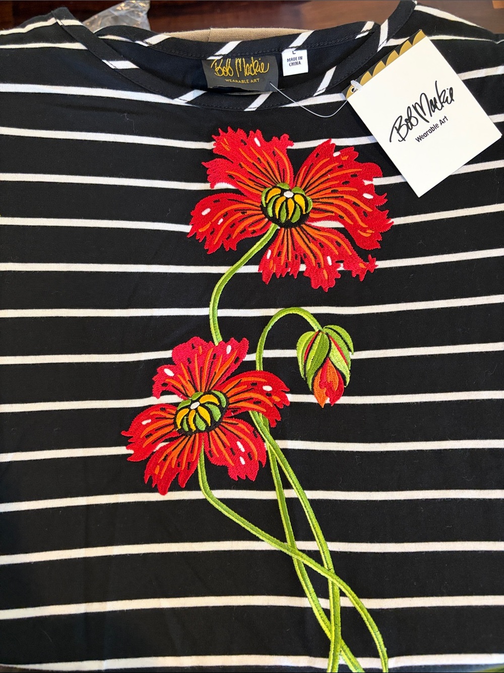 Bob Mackie Black & White Striped Short Sleeve Top with Red Floral Embroidery